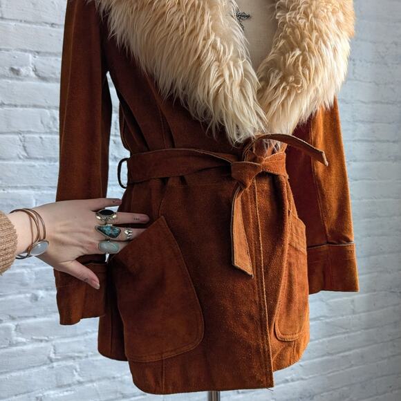 Vintage Orange Suede Penny Lane Jacket Groovy Furry Genuine Leather Trench Coat - Picture 3 of 9